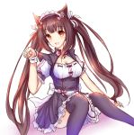  1girl :d animal_ears apron bell black_legwear bow bowtie brown_hair cat_ears chocola_(sayori) cleavage_cutout frilled_apron frills hair_ribbon highres jingle_bell long_hair looking_at_viewer maid maid_headdress nekopara open_mouth paw_pose puffy_short_sleeves puffy_sleeves red_eyes ribbon ribbon-trimmed_clothes ribbon_trim short_sleeves simple_background sitting smile solo thigh-highs twintails uniform very_long_hair waist_apron white_background wrist_cuffs wsman 