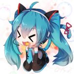 &gt;_&lt; 1girl all_fours animal_ears bai_yemeng bare_shoulders black_legwear blue_hair candy cat_ears cat_tail chibi closed_eyes fake_animal_ears fang hatsune_miku headset kemonomimi_mode lollipop long_hair long_sleeves mouth_hold open_mouth ribbon shirt skirt solo tail tail_ribbon thigh-highs twintails very_long_hair vocaloid wide_sleeves 