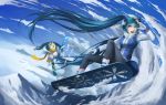  1girl absurdres aqua_eyes aqua_hair boots clouds gloves goggles goggles_on_head hat hatsune_miku highres lips open_mouth sg_dorusatobou sky snow snowboard solo teeth twintails vocaloid winter 