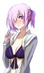  1girl bangs bikini blush breasts cleavage fate/grand_order fate_(series) hair_over_one_eye himo jacket looking_at_viewer navel open_mouth purple_hair shielder_(fate/grand_order) short_hair simple_background solo swimsuit violet_eyes white_background 