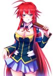  1girl :q ahoge alternate_costume arkfield armband blue_eyes blush breasts cleavage cosplay fan folding_fan high_school_dxd holding_fan kurokami_medaka kurokami_medaka_(cosplay) large_breasts long_hair long_sleeves looking_at_viewer medaka_box pleated_skirt redhead rias_gremory school_uniform skirt skirt_hold solo tongue tongue_out very_long_hair 