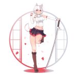  1girl animal_ears boots breasts bridal_gauntlets ehrrr elbow_gloves gloves highres holding holding_sword holding_weapon inubashiri_momiji katana knee_boots large_breasts looking_at_viewer microskirt navel red_eyes short_hair skirt smile solo sword tail touhou weapon white_hair wolf_ears wolf_tail 