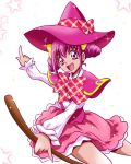  1girl :d absurdres arudebido bow broom cosplay cowboy_shot hair_bow hat hat_bow highres hoshizora_miyuki looking_at_viewer mahou_girls_precure! open_mouth pink pink_eyes pink_hair pink_hat pink_skirt plaid plaid_bow precure shawl short_hair short_twintails skirt smile smile_precure! solo star twintails white_background witch_hat yellow_bow 