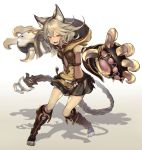  1girl animal_ears arm_strap bare_shoulders belt boots breasts bukurote center_opening claw_(weapon) fang flipped_hair full_body gloves gradient gradient_background granblue_fantasy hip_vent hood knee_boots long_hair looking_at_viewer miniskirt open_mouth outstretched_arm paw_gloves red_eyes sen_(granblue_fantasy) shadow silver_hair skirt solo thighs weapon 