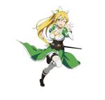  1girl blonde_hair breasts cleavage collar collarbone green_eyes hair_ornament highres leafa long_hair looking_at_viewer official_art one_eye_closed open_mouth pointy_ears simple_background solo sword_art_online sword_art_online:_code_register white_background white_legwear 