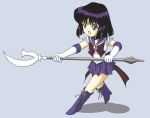  1girl :o bishoujo_senshi_sailor_moon black_hair blue_background boots bow brooch brown_bow chibi cross-laced_footwear elbow_gloves full_body gloves hino_ryutaro jewelry knee_boots lace-up_boots looking_away magical_girl open_mouth pleated_skirt polearm purple_boots purple_skirt sailor_collar sailor_saturn short_hair silence_glaive skirt solo spear super_sailor_saturn tiara tomoe_hotaru violet_eyes weapon white_gloves 