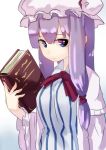  1girl book dress frilled_sleeves frills hashiro hat holding holding_book long_hair mob_cap pajamas patchouli_knowledge purple_hair solo striped striped_dress touhou violet_eyes 