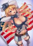  1girl :d american_flag armpits arms_up belt blonde_hair breasts cleavage clothes_writing elbow_gloves eyebrows eyebrows_visible_through_hair fingerless_gloves from_above front-tie_top garter_straps gloves gradient gradient_background hair_between_eyes headgear iowa_(kantai_collection) kantai_collection large_breasts long_hair looking_at_viewer miniskirt mismatched_legwear navel number open_mouth skirt sleeveless smile solo stomach thigh-highs urokoda violet_eyes wrist_cuffs 