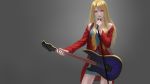  1girl bangs bare_shoulders blonde_hair blue_dress collarbone cowboy_shot dress earrings electric_guitar eyelashes grey_background guitar highlights highres holding_microphone hoop_earrings instrument jacket jewelry light_particles lips long_hair looking_at_viewer microphone microphone_stand multicolored_hair off_shoulder original parted_lips red_jacket shi_yu_mu_yun short_dress sleeveless sleeveless_dress solo swept_bangs yellow_eyes 
