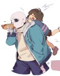  1boy :d ^_^ androgynous babua brown_hair closed_eyes eating food frisk_(undertale) hand_in_pocket holding holding_food hood hoodie hot_dog jumping open_mouth sans shoes shorts signature simple_background skeleton smile socks striped striped_sweater surprised sweater turtleneck undertale upper_body white_background 