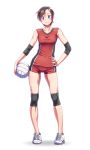  1girl blue_eyes blush brown_hair covered_navel earrings elbow_pads full_body hair_ornament hairclip hand_on_hip highres jewelry knee_pads looking_at_viewer no_socks original shoes short_hair shorts simple_background sleeveless smile sneakers solo sportswear thigh_gap tomboy volleyball volleyball_uniform wokada 