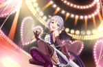  1girl :d artist_request bangs black_wings blush brown_eyes chain cleavage_cutout collar cuffs elbow_gloves gloves hair_ornament hairclip heart_cutout idolmaster idolmaster_cinderella_girls idolmaster_cinderella_girls_starlight_stage koshimizu_sachiko looking_at_viewer microphone microphone_stand official_art open_mouth pinstripe_pattern purple_hair short_hair smile solo thigh-highs wings 