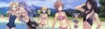  6+girls absurdres armpits astrid_zexis atelier_(series) atelier_rorona beach bikini black_hair blonde_hair blue_eyes breasts brown_hair casual_one-piece_swimsuit cleavage cuderia_von_feuerbach flat_chest front-tie_top glasses green_eyes groin hair_ribbon highres hom_(atelier) kishida_mel lionela_heinze long_hair mountain multiple_girls navel one-piece_swimsuit open_mouth outdoors pamela_ibiss pink_bikini purple_hair red_ribbon ribbon rororina_fryxell sideboob swimsuit twintails violet_eyes white_ribbon 