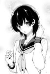 1girl alternate_hair_length alternate_hairstyle ataru_(cha2batake) bangs blush gloves greyscale isokaze_(kantai_collection) kantai_collection long_sleeves looking_at_viewer monochrome neckerchief open_mouth school_uniform short_hair solo sparkle_background upper_body 