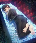  1boy ass barefoot black_hair blue_flower coffin earrings ensemble_stars! feet_together feet_up flower jewelry looking_at_viewer looking_back lying male_focus on_stomach plant red_eyes rope sakuma_rei_(ensemble_stars!) smile solo tubuan_oisii vines wavy_hair 