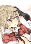  1girl absurdres bangs black_gloves blonde_hair blue_eyes breasts collared_shirt eyebrows eyebrows_visible_through_hair gloves graf_zeppelin_(kantai_collection) hair_between_eyes hair_ornament highres hoshimiya_nazuna iron_cross kantai_collection large_breasts long_hair necktie no_hat pale_skin shirt sidelocks simple_background solo twintails underbust upper_body white_shirt 