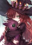  1girl anna_(granblue_fantasy) black_dress buttons candle dress fire granblue_fantasy green_eyes hair_over_one_eye hat hibanar hug juliet_sleeves long_hair long_sleeves looking_at_viewer puffy_sleeves redhead solo stitched_mouth stitches stuffed_toy witch_hat 