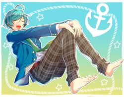  1boy anchor aqua_hair barefoot blue_hair closed_eyes ensemble_stars! green_necktie hands_on_own_knees male_focus necktie open_mouth pants plaid plaid_pants rope school_uniform shinkai_kanata smile solo star tubuan_oisii 