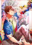  1boy :d ;d action_figure bandaged_fingers barefoot brown_hair ensemble_stars! green_necktie jacket ji_yu looking_up male_focus morisawa_chiaki necktie one_eye_closed open_clothes open_jacket open_mouth pants plaid plaid_pants poster_(object) school_uniform sitting sleeves_folded_up sleeves_pushed_up smile solo sparkle 