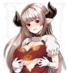  1girl alicia_(granblue_fantasy) blush breasts center_opening dress earrings fukurokouji gloves granblue_fantasy horns jewelry large_breasts long_hair pointy_ears puffy_short_sleeves puffy_sleeves short_sleeves silver_hair solo underboob white_gloves 