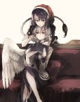  2girls bangs book couch crossed_legs doremy_sweet dress feathered_wings hat hisona_(suaritesumi) jacket kishin_sagume long_sleeves multiple_girls nightcap open_clothes open_jacket pillow pom_pom_(clothes) purple_hair red_eyes short_hair short_sleeves silver_hair single_wing sitting tail touhou violet_eyes white_wings wings yuri 
