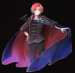  1boy black_background blue_rose cape character_name ensemble_stars! fang flower gloves green_eyes looking_at_viewer male_focus redhead rose solo sparkle tama_(songe) tsukinaga_leo white_gloves 