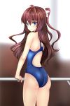  1girl ass blue_eyes brown_hair competition_swimsuit ichinose_shiki idolmaster idolmaster_cinderella_girls long_hair looking_at_viewer looking_back one-piece_swimsuit shima-shuu smile solo swimsuit two_side_up 