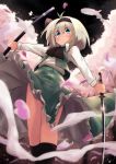  1girl antenna_hair bare_legs black_bow black_bowtie black_legwear black_ribbon blue_eyes blurry blush bow bowtie cherry_blossoms depth_of_field dual_wielding green_skirt green_vest hair_ribbon hairband highres holding holding_sword holding_weapon kneehighs konpaku_youmu long_skirt long_sleeves looking_at_viewer night night_sky open_clothes open_vest outdoors outstretched_arm petals ribbon sheath sheathed shirt short_hair silver_hair skirt sky solo standing star_(sky) starry_sky sword touhou unsheathed upskirt vest visible_air waira weapon white_shirt wing_collar 