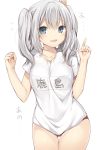  1girl blue_eyes buruma character_name clothes_writing flying_sweatdrops highres kantai_collection kashima_(kantai_collection) komeshiro_kasu name_tag open_mouth shirt silver_hair solo t-shirt tsurime twintails wavy_hair white_background 