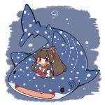  1girl blush_stickers brown_hair chibi elbow_gloves fangs gloves hair_intakes kantai_collection kneeling long_hair ponytail red_eyes riding same_anko shark single_thighhigh smile thigh-highs underwater very_long_hair whale_shark yamato_(kantai_collection) 