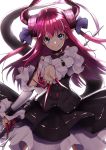  1girl absurdres blue_eyes claws detached_sleeves dragon_girl dress fate/extra fate/extra_ccc fate/grand_order fate_(series) highres horns lancer_(fate/extra_ccc) long_hair pink_hair pointy_ears smile solo tail two_side_up wachiroku_(masakiegawa86) 