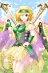  1girl ;d acacia_(flower_knight_girl) armor armored_dress blonde_hair cape choker circlet cowboy_shot flower_knight_girl hand_on_hip highres looking_at_viewer one_eye_closed open_mouth petals short_hair skirt smile solo sword tksmk3custom violet_eyes weapon yellow_skirt 
