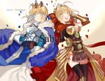  2girls :d ahoge armlet armor armored_dress black_legwear blonde_hair blue_eyes bow breasts bunko_(fumimatsu) cape capelet character_name cleavage crown fate/extra fate/grand_order fate/stay_night fate_(series) fur_trim gauntlets green_eyes hair_bow hair_ribbon jewelry large_breasts looking_at_viewer multiple_girls open_mouth petals raised_hand ribbon saber saber_extra smile thigh-highs 