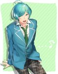  1boy ahoge aqua_hair blue_hair ensemble_stars! from_above green_background green_necktie looking_at_viewer looking_up male_focus musical_note necktie pants plaid plaid_pants quaver school_uniform shinkai_kanata smile solo striped striped_background tubuan_oisii 