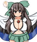  1girl ? arms_behind_back bird_wings blush bow breasts brown_eyes brown_hair c: cape cleavage collarbone covered_nipples curvy hair_bow huge_breasts large_bow long_hair looking_at_viewer microskirt midriff moyashi_udon navel reiuji_utsuho skirt smile solo spoken_question_mark third_eye toned touhou wide_hips wings 