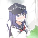  1girl :t akatsuki_(kantai_collection) bed_sheet bedwetting blush commentary_request crossed_arms drying embarrassed futon gomennasai grass hanging hat kantai_collection looking_at_viewer neckerchief puffed_cheeks purple_hair school_uniform serafuku solo stain sweatdrop violet_eyes 