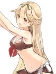  1girl absurdres armpits arms_up bangs bare_shoulders bikini black_ribbon blonde_hair blush breasts brown_eyes brown_skirt cleavage cowboy_shot eyebrows eyebrows_visible_through_hair from_side front-tie_top hair_between_eyes hair_flaps hair_ribbon highres kantai_collection long_hair looking_to_the_side medium_breasts natsu_(sinker8c) navel open_mouth pleated_skirt remodel_(kantai_collection) ribbon simple_background skirt solo stomach swimsuit very_long_hair white_background yuudachi_(kantai_collection) 