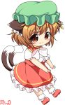  1girl :3 animal_ears brown_eyes brown_hair cat_ears cat_tail chen closed_mouth commentary_request green_hat hat jewelry mob_cap multiple_tails nekomata pila-pela short_hair short_sleeves single_earring solo tail touhou two_tails 