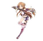  1girl asuna_(sao) black_gloves brown_eyes brown_hair gloves highres holding holding_sword holding_weapon long_hair looking_at_viewer milla_maxwell milla_maxwell_(cosplay) navel official_art pink_skirt simple_background skirt smile solo sword sword_art_online sword_art_online:_code_register tales_of_(series) tales_of_xillia weapon white_background 