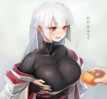  1girl :o albino bangs blunt_bangs blush bodysuit breasts bridal_gauntlets collarbone flying_sweatdrops food fruit grey_background hands highres holding holding_food holding_fruit japanese_clothes kimono large_breasts long_hair mandarin_orange obi off_shoulder open_clothes open_kimono open_mouth original red_eyes sash simple_background skin_tight solo_focus sweatdrop taishi_(picchiridou) text translated tsuru-chan upper_body white_hair 