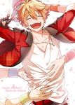  1boy akehoshi_subaru armband blush character_name closed_eyes confetti disembodied_limb ensemble_stars! happy_birthday hat highres jewelry male_focus necklace open_mouth smile solo togame_(grazie) v 