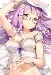  1girl :&lt; alternate_eye_color anmi arm_up armpits babydoll bangs bare_shoulders bed_sheet bespectacled blunt_bangs blush book bow breasts brown_eyes cleavage closed_mouth collarbone crescent crescent_hair_ornament detached_sleeves from_above glasses hair_bow hair_ornament head_tilt highres holding holding_book large_breasts long_hair looking_at_viewer lying midriff navel on_back open_book patchouli_knowledge puffy_short_sleeves puffy_sleeves purple-framed_glasses purple_hair scrunchie semi-rimless_glasses short_sleeves solo stomach sweatdrop tareme touhou under-rim_glasses upper_body white_bow wrist_scrunchie 