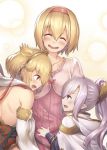  3girls ^_^ anchira_(granblue_fantasy) blonde_hair closed_eyes djeeta_(granblue_fantasy) girl_sandwich granblue_fantasy hair_ornament multiple_girls nio_(granblue_fantasy) open_mouth oukawa_yuu sandwiched short_hair smile wavy_mouth 