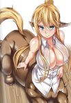  1girl animal_ears artist_request bangs bare_shoulders blonde_hair blue_eyes blush breasts centaur centorea_shianus cleavage collared_shirt horse_ears large_breasts long_hair monster_girl monster_musume_no_iru_nichijou scan shirt sidelocks smile solo source_request white_shirt 