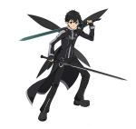  1boy black_clothes black_eyes black_gloves black_hair fingerless_gloves gloves highres holding holding_sword holding_weapon kirito kirito_(sao-alo) male_focus official_art pointy_ears short_hair simple_background smile solo sword sword_art_online sword_art_online:_code_register weapon white_background wings 