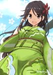  1girl amagi_(kantai_collection) breasts brown_eyes brown_hair camouflage from_below hair_between_eyes japanese_clothes kantai_collection kimono long_hair looking_at_viewer mashayuki mole mole_under_eye obi open_mouth ponytail sash solo wide_sleeves 