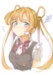  1girl ^^^ abukuma_(kancolle) alternate_costume bandaid bandaid_on_face bangs bear_pin blonde_hair blue_eyes bow cropped_torso dated double_bun frilled_blouse hair_between_eyes hair_rings highres kantai_collection long_hair looking_at_viewer one-hour_drawing_challenge pen_chou plaid plaid_bow red_bow short_sleeves signature simple_background solo white_background 