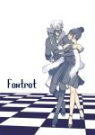  1boy 1girl animal animal_on_shoulder armor black_hair checkered checkered_floor dancing dress elbow_gloves english female_saniwa_(touken_ranbu) fox gloves hair_bun japanese_armor menpoo nakigitsune nakigitsune&#039;s_fox necktie saniwa_(touken_ranbu) smile touken_ranbu tsugumi_(uzurabird) white_hair yellow_eyes 