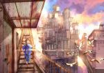  1girl bird blurry brown_hair building child city clouds commentary depth_of_field door floral_print japanese_clothes katana katou_fumitaka kimono lens_flare looking_at_viewer muted_color original railing reflection rust scenery seagull sky smile solo stairs sword water weapon zouri 
