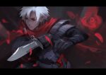  1boy cape dark_skin emiya_kiritsugu fate/grand_order fate_(series) gloves hood knife male_focus solo truc_bui white_hair 